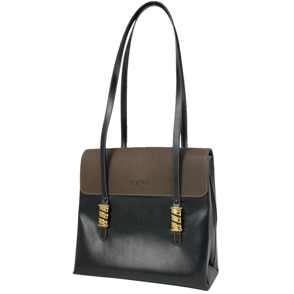Loewe Velzquez Shoulder Bag Logo Leather Black Brown